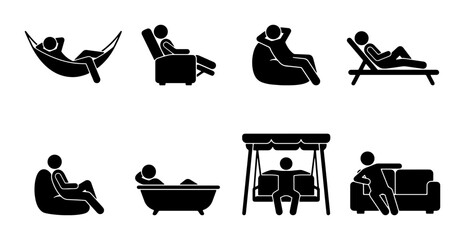 Obraz premium Relaxation Icons Set, Leisure Poses Vector Collection, Comfort Furniture Silhouettes, Rest and Chill Graphic Elements