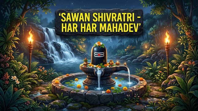 A divine representation of sawan shivratri, featuring a sacred shiva lingam amidst a serene waterfall, invoking the powerful mantra of har har mahadev