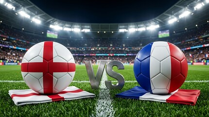 Fototapeta premium England vs France soccer ball match in a packed stadium, International Football Championship Stadium Match Background