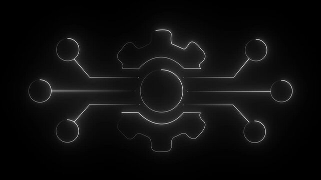 glowing white neon outline of overlapping two interlocking gears on  black background. 4k video