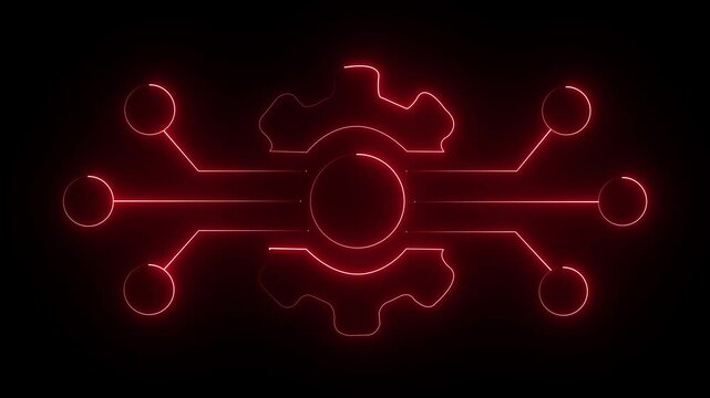 glowing red neon outline of overlapping two interlocking gears animation on  black background. 