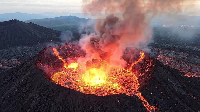 Volcanic Eruption A dramatic aerial view captures the raw power of a volcano erupting with molten lava and ash spewing from its crater into the sky