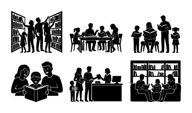 Family Reading Silhouettes, Library Scenes, Book Lovers Collection, Educational Activities, Community Gathering Vector Icons