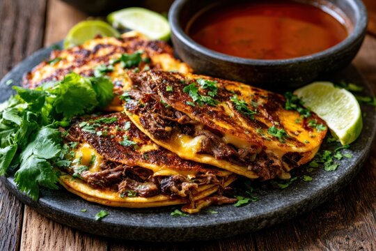 Delicious cheesy birria tacos with consomme and lime