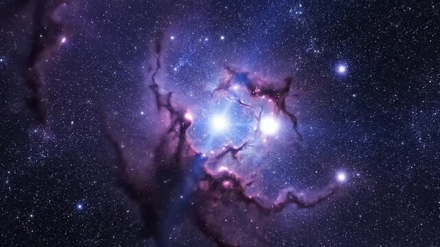 Cinematic flight through a vibrant purple and blue cosmic nebula and starfield in deep space