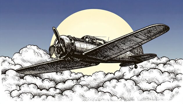 Vintage monoplane flying through clouds against a sun.