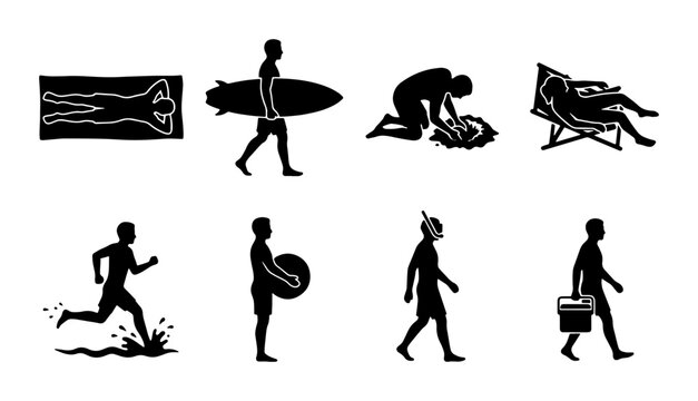Summer Beach Activities Silhouette Icons: Surfing, Relaxing, Running, Snorkeling, Picnic, Sunbathing, 8 Vector Elements for Recreation and Leisure