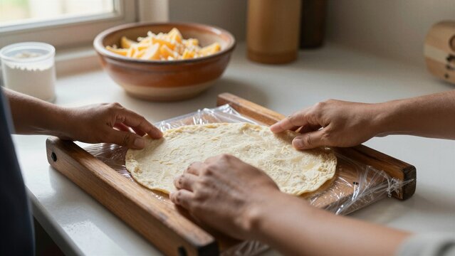 Hands use a wooden press to flatten corn masa dough on plastic wrap, preparing authentic homemade tortillas in a bright kitchen setting.