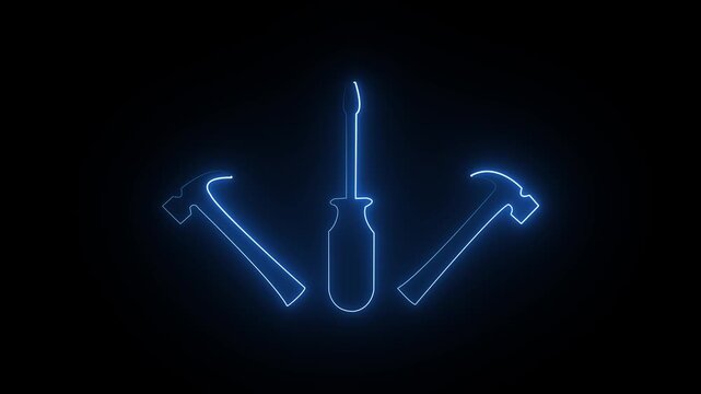 Neon glowing hammer and screwdriver tools icon 4k animation video on black background. Neon glowing Maintenance tool. tools, repair, maintenance, and construction symbol motion animation