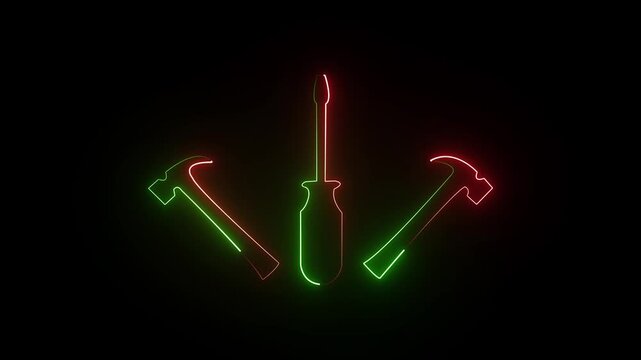 Neon glowing hammer and screwdriver tools icon  animation video on black background.