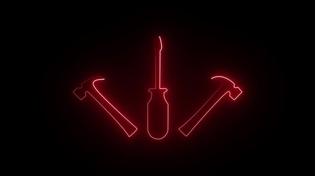 Neon glowing hammer and screwdriver tools icon  animation video on black background. Neon glowing Maintenance tool. tools, repair, maintenance, and construction symbol motion animation