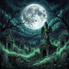 Fototapeta premium A weathered angel statue with an owl overlooks a misty cemetery glowing green under a giant full moon and flying bats.