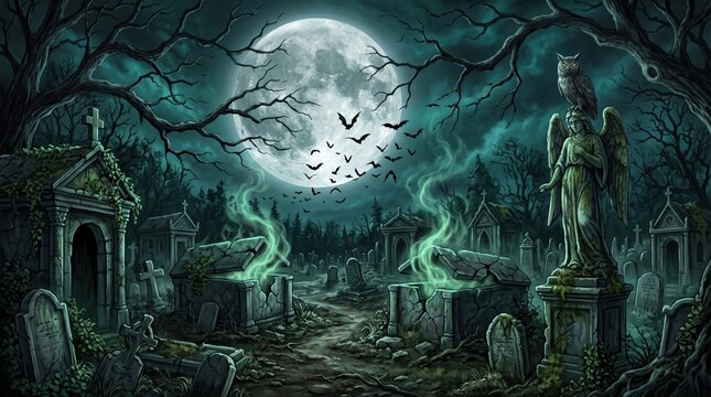 A weathered angel statue with an owl overlooks a misty cemetery glowing green under a giant full moon and flying bats.