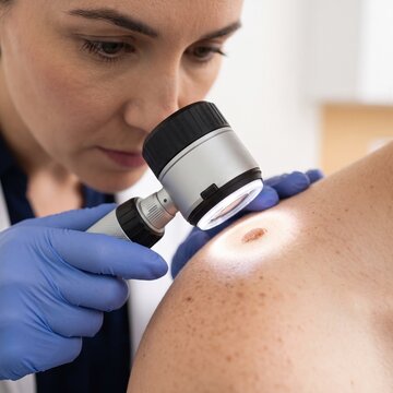 A dermatologist uses a dermatoscope to closely examine a mole on a patient's shoulder during a professional skin cancer screening.