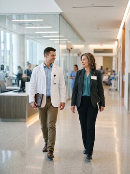 A businesswoman and a young doctor in a white coat walk and chat together through a bright modern hospital corridor.