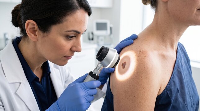 A dermatologist uses a dermatoscope to closely examine a mole on a patient's shoulder during a professional skin cancer screening.