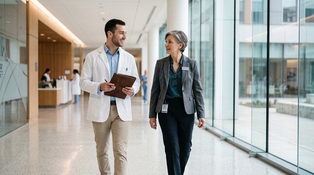 A businesswoman and a young doctor in a white coat walk and chat together through a bright modern hospital corridor.