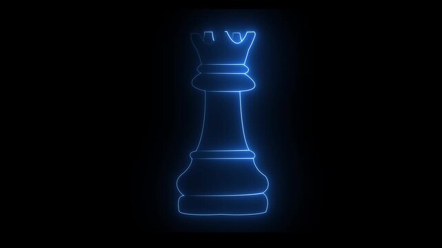 Glowing neon blue Chess Piece Icons Set Knight Rook Bishop King Queen Strategy Concept 4K animation video,,,