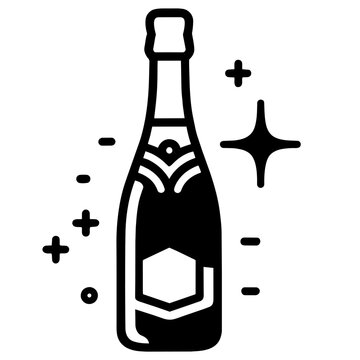 Black and white silhouette of a champagne bottle with sparkles, perfect for New Year, celebration and party invitation design