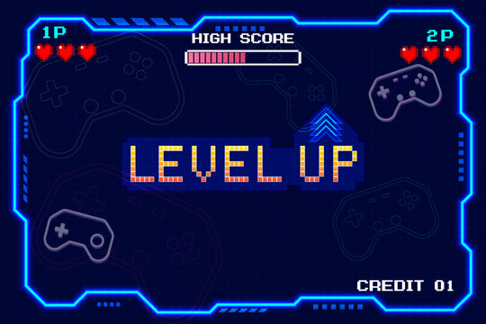 Retro 8-bit pixel art Level Up arcade screen featuring blue HUD grid interface, press start button. Perfect for gaming UI and nostalgic retro game assets.