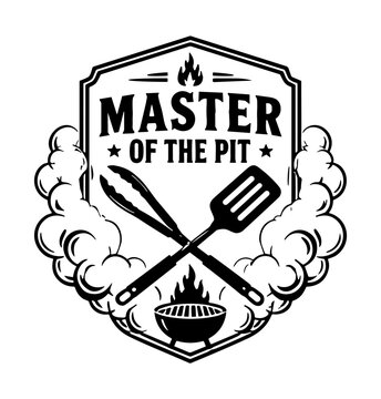 Barbecue spatula and tongs crossed over a grill frame this bold master of the pit badge design surrounded by swirling thick clouds.