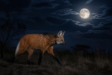 Obraz premium Red fox walking across grassy field under full moon night