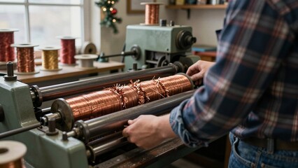 Naklejka premium A skilled artisan operates a vintage metal rolling machine to transform copper wire into festive, sparkly tinsel in a warmly lit workshop.