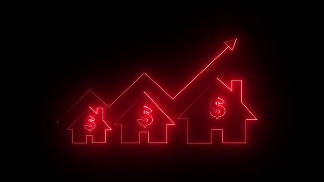 Glowing neon home icon house sign lights animation with up arrow Dollar increase. Neon line of Dollar sign with up arrow inside house icon on black background, 4k animation video,,,, 