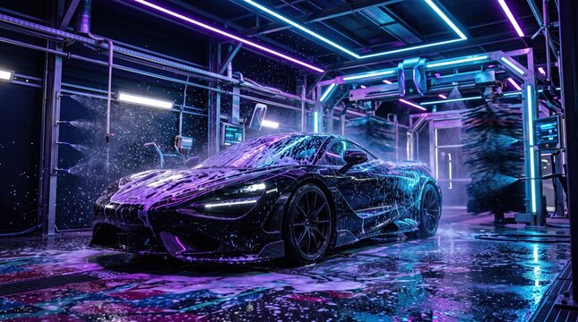 A sleek sports car covered in soap suds sits in a futuristic neon-lit car wash bay with vibrant purple and blue lighting.