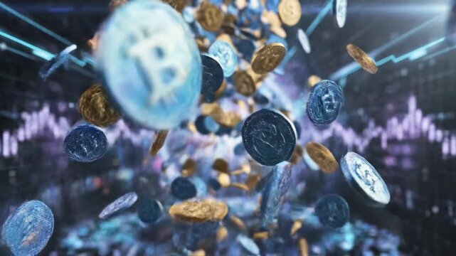 Falling gold and blue cryptocurrency coins in digital tunnel, financial graph background, concept of digital currency and blockchain technology