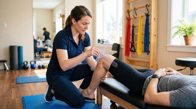 A physical therapist examines a young man's knee with a resistance band brace in a modern gym rehabilitation setting.