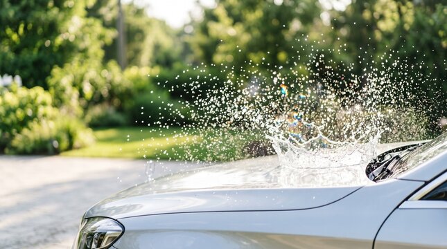 A dynamic water droplet splash forms a crown shape on a glossy white car hood in a sunny garden driveway setting.