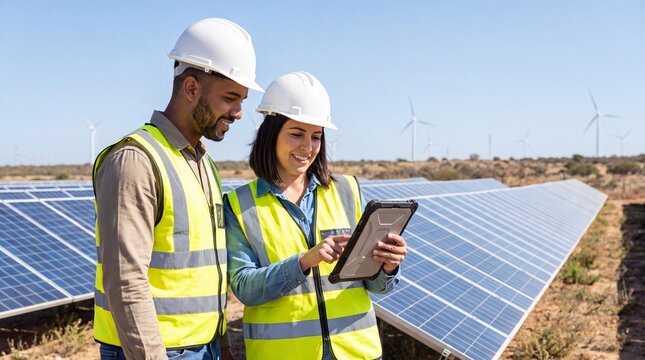 Two engineers examine data on a tablet while standing near solar panels in a renewable energy field with wind turbines in the background