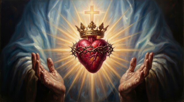 Sacred Heart commemoration featuring a crown and thorns during a religious tribute.