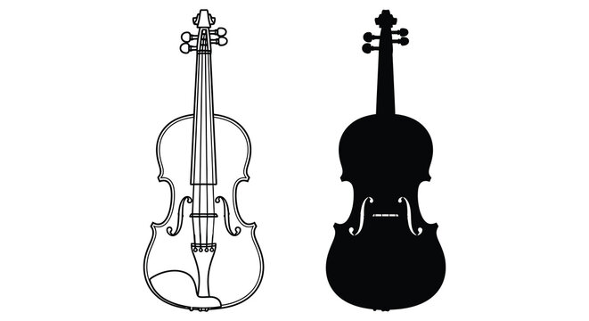 Two violins one line drawing and one black silhouette on white background