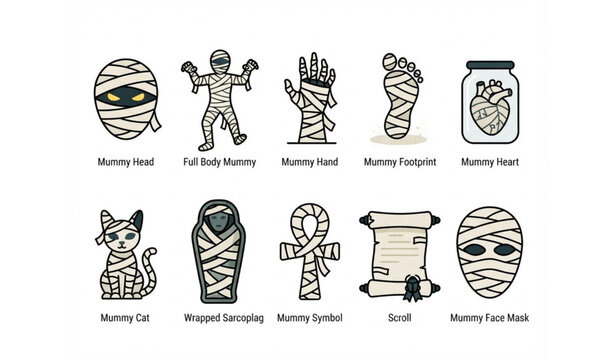 Halloween mummy icon collection with spooky cartoon symbols vector