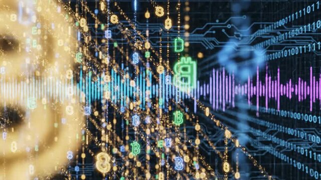 Abstract digital stream of glowing cryptocurrency symbols and binary code, with a sound wave visualization, representing data flow and financial technology