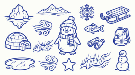 Cute cartoon winter elements collection with a penguin, igloo, iceberg, mountains, and snowman. © zainab