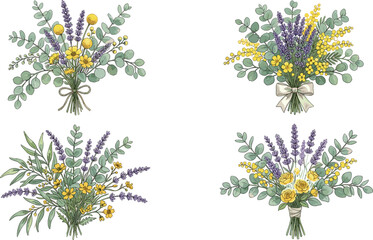 Watercolor vector botanical illustration set of four rustic wildflower bouquets with purple lavender yellow blossoms and green eucalyptus leaves isolated on white background © Md