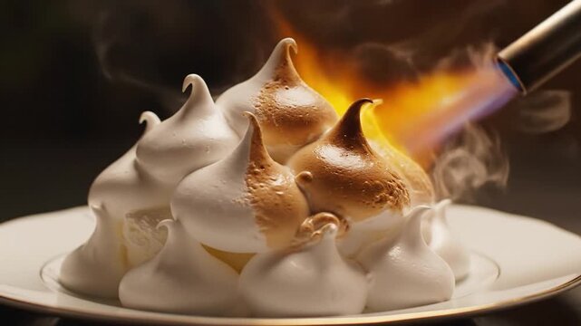 Close up of a kitchen torch browning white meringue peaks on a gourmet baked Alaska dessert