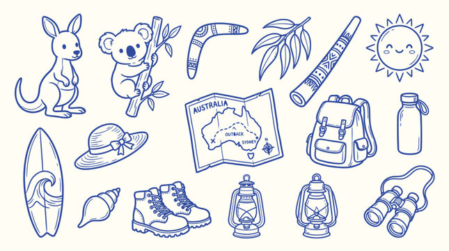 Collection of Australian travel and wildlife icons, hand-drawn in a charming doodle style.