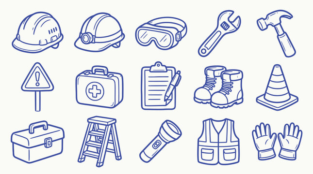 Collection of safety equipment and tools for construction and industrial work, presented as hand-drawn icons.