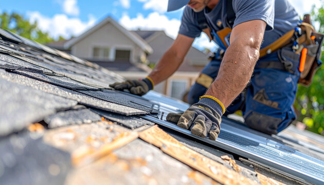 Professional roofing contractor securing galvanized metal flashing along roof shingles with roofing nails, hands only visible, suburban house background
