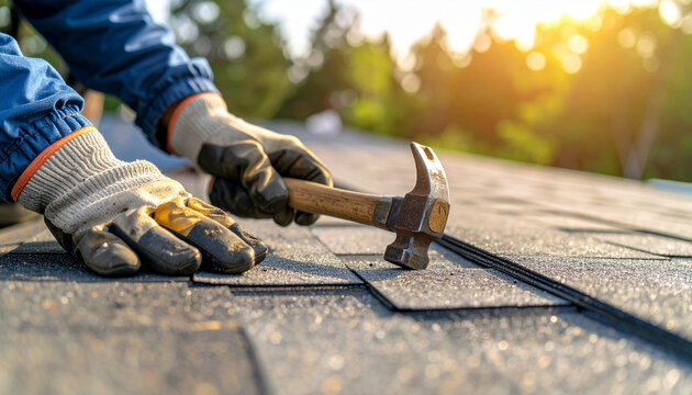Close-up of a roofer's gloved hands installing metal flashing on an asphalt shingle roof using a hammer, residential roof repair, natural outdoor background