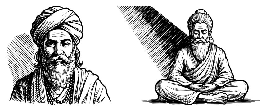 Hindu sadhu portrait and meditating yogi under light beam in vintage engraving style