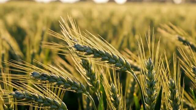 Close up of green wheat ears swaying in the wind under warm sunlight in a summer field