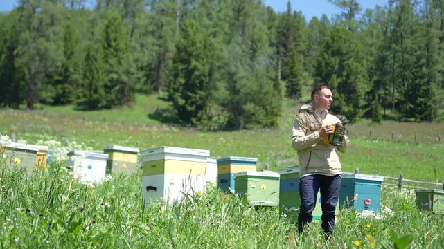 A cinematic static shot of a professional male beekeeper holding a smoking bee smoker tool and looking away at an Altai apiary.