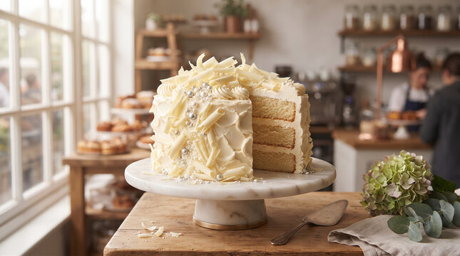 Luxury Vanilla White Chocolate Layer Cake on Marble Cake Stand in Elegant Bakery with Soft Natural Light