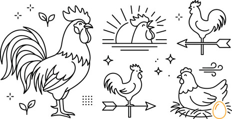 Rooster and hen farm vector line art icon set featuring weather vane sunrise crowing and chicken nesting egg. © Mst