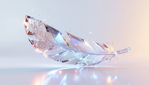 A highly detailed crystal feather floats with luminous dust particles nearby.